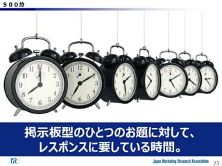 23
掲示板型のひとつのお題に対して、
レスポンスに要している時間。
５００分
 