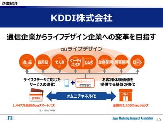 40
企業紹介
KDDI株式会社
通信企業からライフデザイン企業への変革を目指す
ひかり食 品 ケータイ
スマホ
でんき日用品 生命保険 ローン損害保険
ライフステージに応じた
サービスの進化 au ID
お客様体験価値を
提供する基盤の強化
オムニチャネル化
全国約2,500のauショップ1,447万会員のauスマートパス
注）2016/3時点
 
