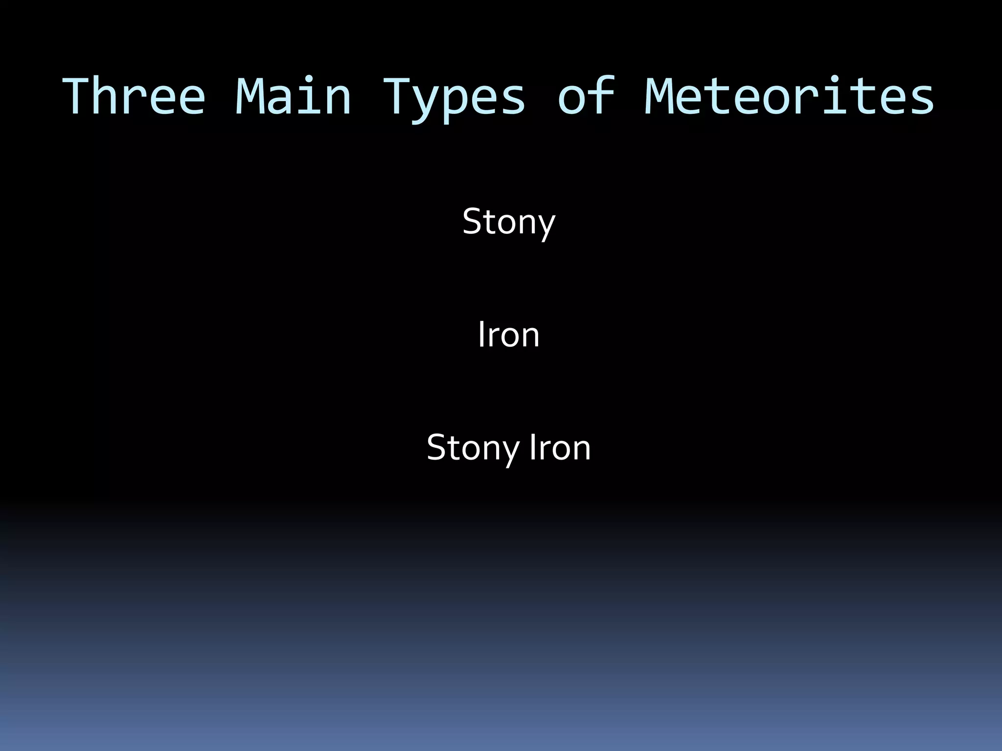 Three Main Types of MeteoritesStonyIronStony Iron