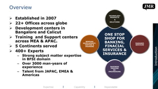 Overview
 Established in 2007
 22+ Offices across globe
 Development centers in
Bangalore and Calicut
 Training and Support centers
across MEA & APAC.
 5 Continents served
 400+ Experts
– Strong subject matter expertise
in BFSI domain
– Over 3000 man-years of
experience
– Talent from JAPAC, EMEA &
Americas
Expertise l Capability l Dependable
ONE STOP
SHOP FOR
BANKING,
FINACIAL
SERVICES &
INSURANCE
TECHNOLOGY
PRODUCTS
&
SOLUTIONS
MANAGED
SERVICES
BUSINESS
PROCESS
RE-
ENGINEERING
BESPOKE
DEVELOPMENT,
TESTING &
TRAINING
Introduction
 