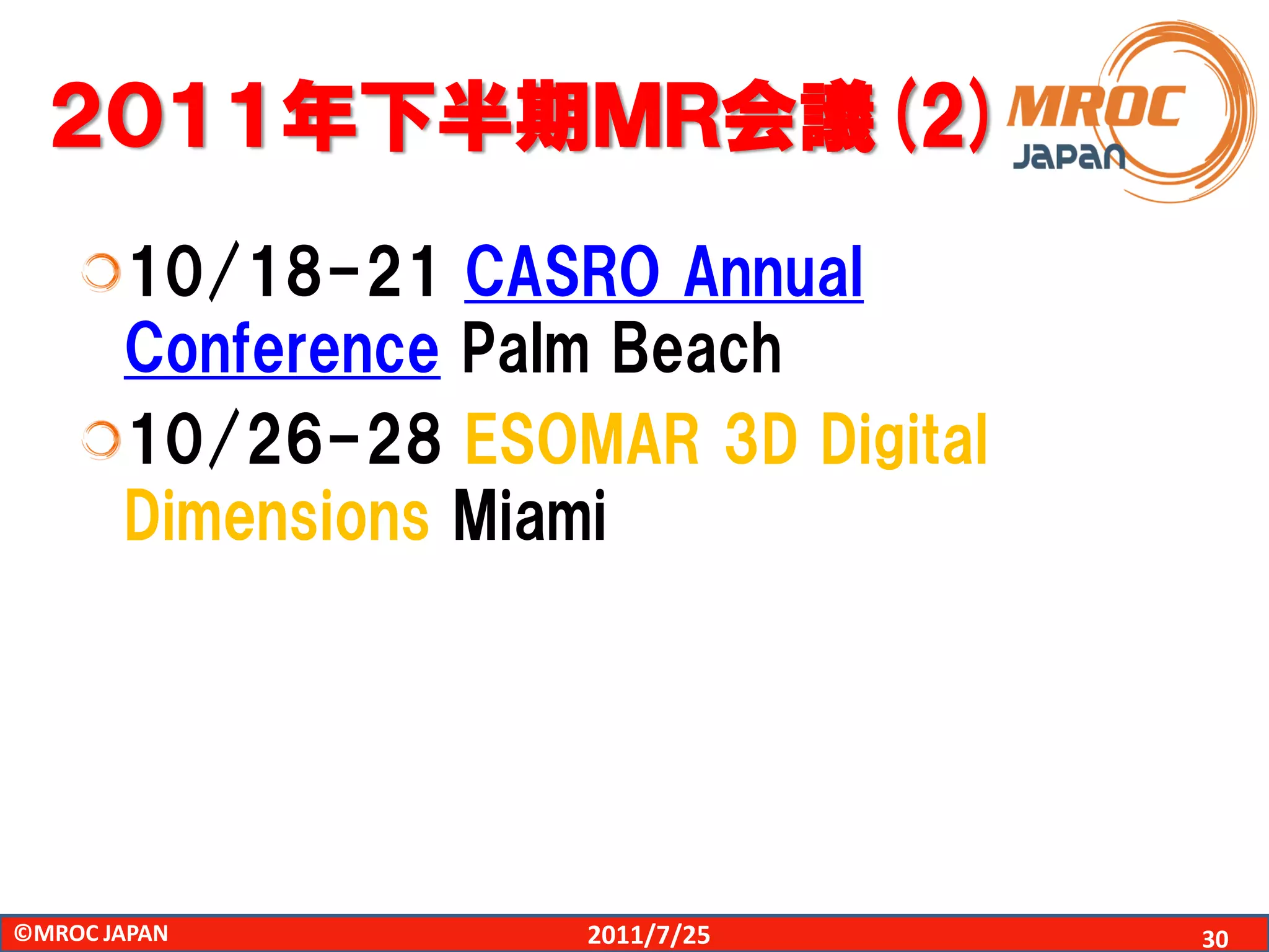 ２０１１年下半期ＭＲ会議(2)
       10/18-21 CASRO Annual
       Conference Palm Beach
       10/26-28 ESOMAR 3D Digital
       Dimensions Miami




©MROC JAPAN         2011/7/25       30
 