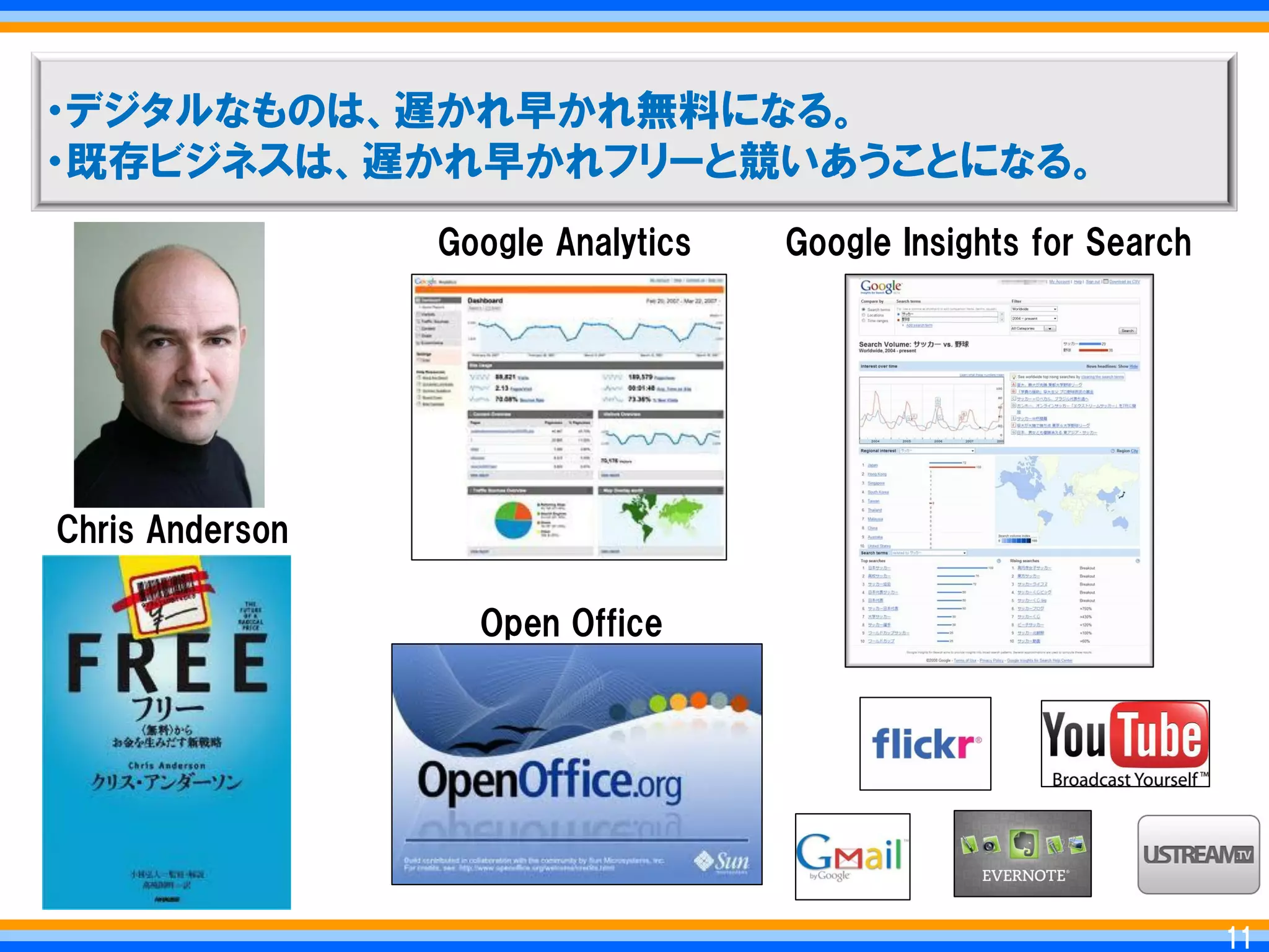 ・デジタルなものは、遅かれ早かれ無料になる。
・既存ビジネスは、遅かれ早かれフリーと競いあうことになる。
                 Google Analytics   Google Insights for Search




Chris Anderson

                   Open Office




                                                                  11
                                                                 11
 