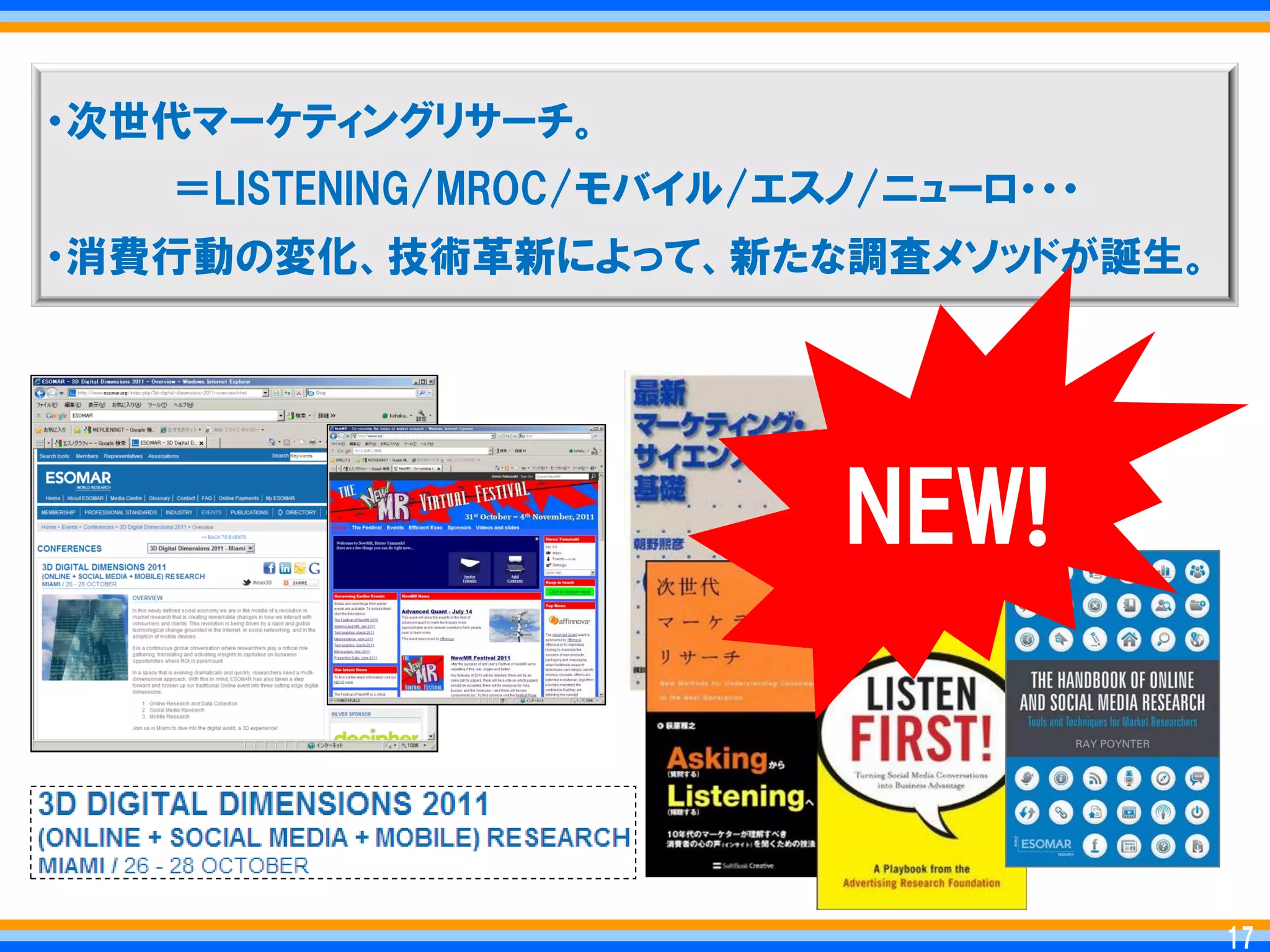 ・次世代マーケティングリサーチ。
   ＝LISTENING/MROC/モバイル/エスノ/ニューロ・・・
・消費行動の変化、技術革新によって、新たな調査メソッドが誕生。




                          NEW!



                                       17
                                      17
 