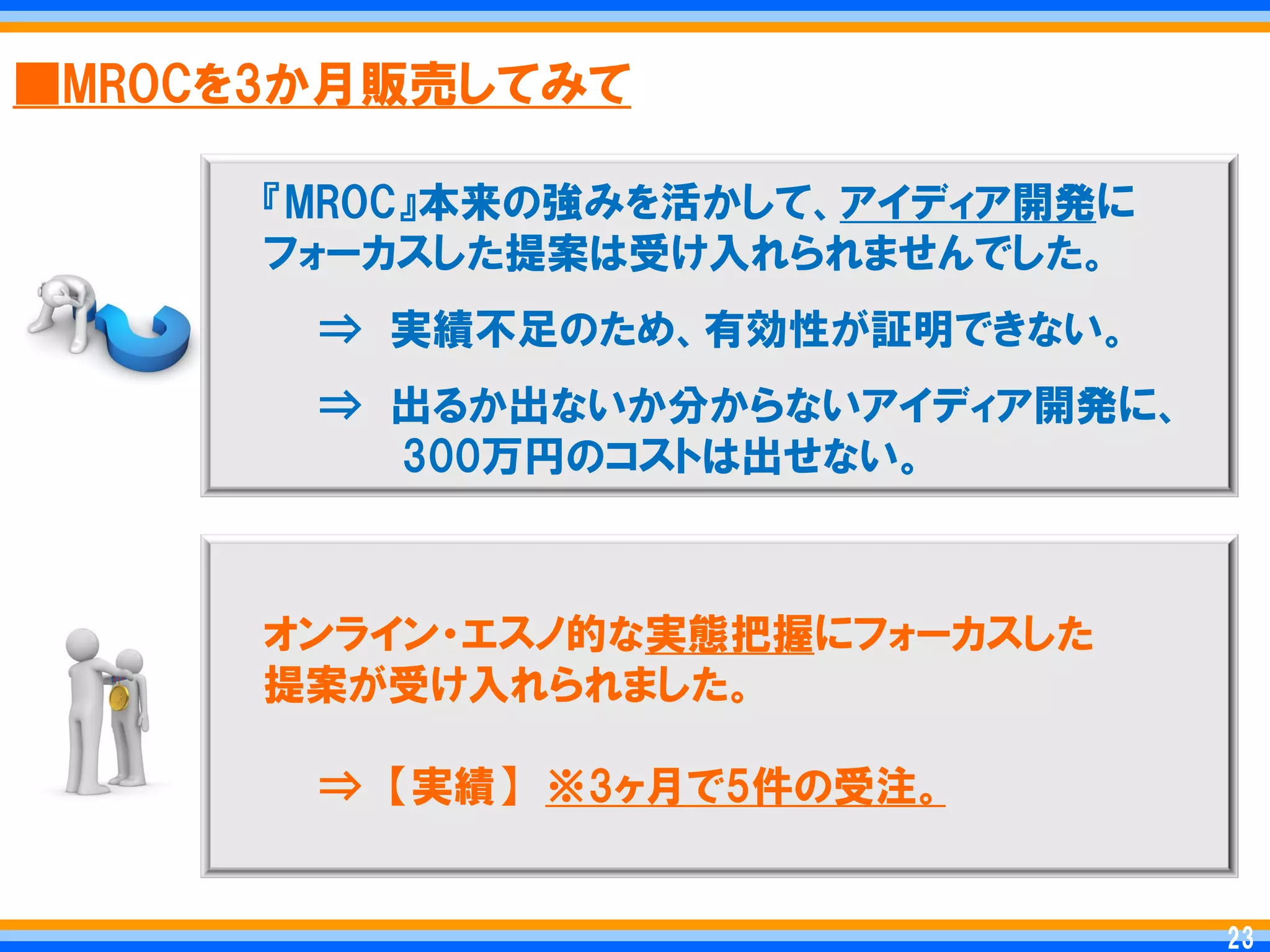 ■MROCを3か月販売してみて

      『MROC』本来の強みを活かして、アイディア開発に
      フォーカスした提案は受け入れられませんでした。
       ⇒ 実績丌足のため、有効性が証明できない。
       ⇒ 出るか出ないか分からないアイディア開発に、
         300万円のコストは出せない。



      オンライン・エスノ的な実態把握にフォーカスした
      提案が受け入れられました。

       ⇒ 【実績】 ※3ヶ月で5件の受注。


                                   23
                                  23
 