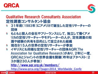 ©MROC JAPAN 152014/12/26
ＱＲＣＡ
Qualitative Research Consultants Association
定性調査コンサルタント協会
３１年前（1983年）にアメリカで誕生した定性リサーチャーの
団体
もともと個人の会社やフリーランスとして、独立して働くアメ
リカの定性リサーチャーやモデレーターの人が、定性調査の知
識や経験の共有を目的として設立された組織
現在８１５人の世界の定性リサーチャーが参加
イギリスにも同様な定性リサーチャーの団体ＡＱＲ（The
Association for Qualitative Research）があり、２年に一度、
ＱＲＣＡとジョイントの世界会議を開催（昨年はブタペスト：２
３か国２３０人が参加）
http://www.aqr.org.uk/members/
http://www.qrca.org/?page=2014_Worldwide_Confe
 