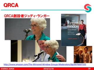 ©MROC JAPAN 162014/12/26
ＱＲＣＡ
QRCA創設者ジュディ・ランガー
http://www.amazon.com/The-Mirrored-Window-Groups-Moderators/dp/0976697335
 