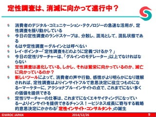 ©MROC JAPAN 92014/12/26
消費者のデジタル・コミュニケーション・テクノロジーの急速な活用が、定
性調査を揺り動かしている
今日の定性調査のランドスケープは、分散し、混沌として、混乱状態であ
る
もはや定性調査＝グルインとは呼べない
レイ・ポインター「定性調査をどのように定義づけるか？」
今日の定性リサーチャーは、「グルインのモデレーター」以上でなければな
らない
定性調査は進化している。しかし、それは繁栄に向かっているのか、滅亡
に向かっているのか？
新しいツールによって、消費者の声や行動、感情がより明らかになり理解
されれば、定性調査はよりインサイトフルで意思決定に役立つものにな
るーマーケターに、アクショナブル・インサイトの点で、これまでにない多く
の価値を提供できる
定性リサーチャーの仕事は、これまでになくエキサイティングになってい
るーよりインサイトを提供できるチャンス！ービジネス成長に寄与する戦略
的意思決定にかかわる「定性インサイト・コンサルタント」の誕生
定性調査は、消滅に向かって進行中？
 