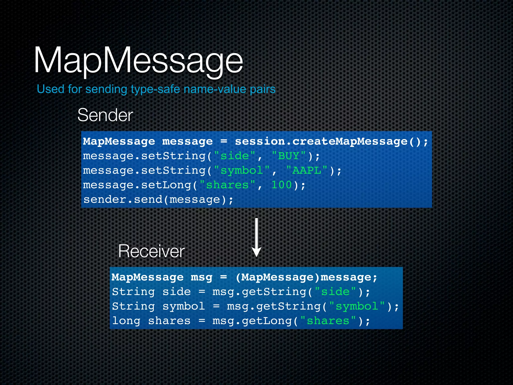 MapMessage
Used for sending type-safe name-value pairs

       Sender
        MapMessage message = session.createMapMessage();
        message.setString("side", "BUY");
        message.setString("symbol", "AAPL");
        message.setLong("shares", 100);
        sender.send(message);



              Receiver
             MapMessage msg = (MapMessage)message;
             String side = msg.getString("side");
             String symbol = msg.getString("symbol");
             long shares = msg.getLong("shares");
 