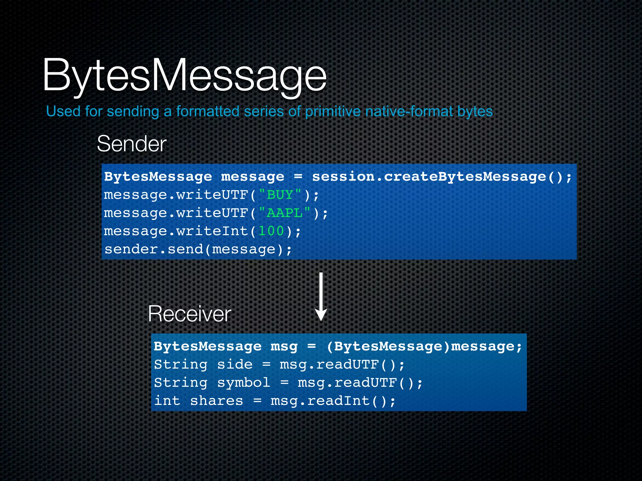 BytesMessage
Used for sending a formatted series of primitive native-format bytes

       Sender
        BytesMessage message = session.createBytesMessage();
        message.writeUTF("BUY");
        message.writeUTF("AAPL");
        message.writeInt(100);
        sender.send(message);



               Receiver
                BytesMessage msg = (BytesMessage)message;
                String side = msg.readUTF();
                String symbol = msg.readUTF();
                int shares = msg.readInt();
 