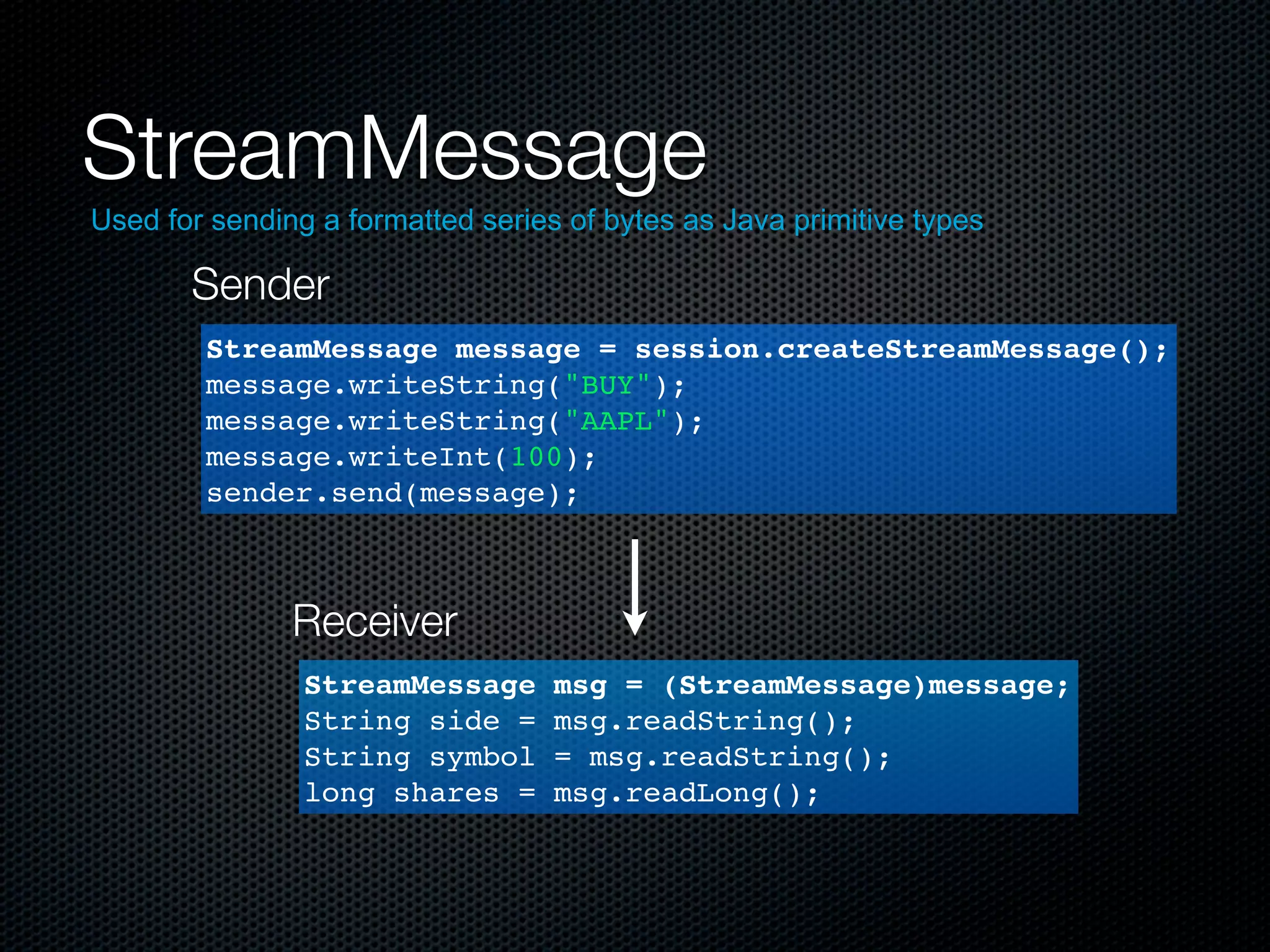 StreamMessage
Used for sending a formatted series of bytes as Java primitive types

       Sender
        StreamMessage message = session.createStreamMessage();
        message.writeString("BUY");
        message.writeString("AAPL");
        message.writeInt(100);
        sender.send(message);



               Receiver
                StreamMessage      msg = (StreamMessage)message;
                String side =      msg.readString();
                String symbol      = msg.readString();
                long shares =      msg.readLong();
 