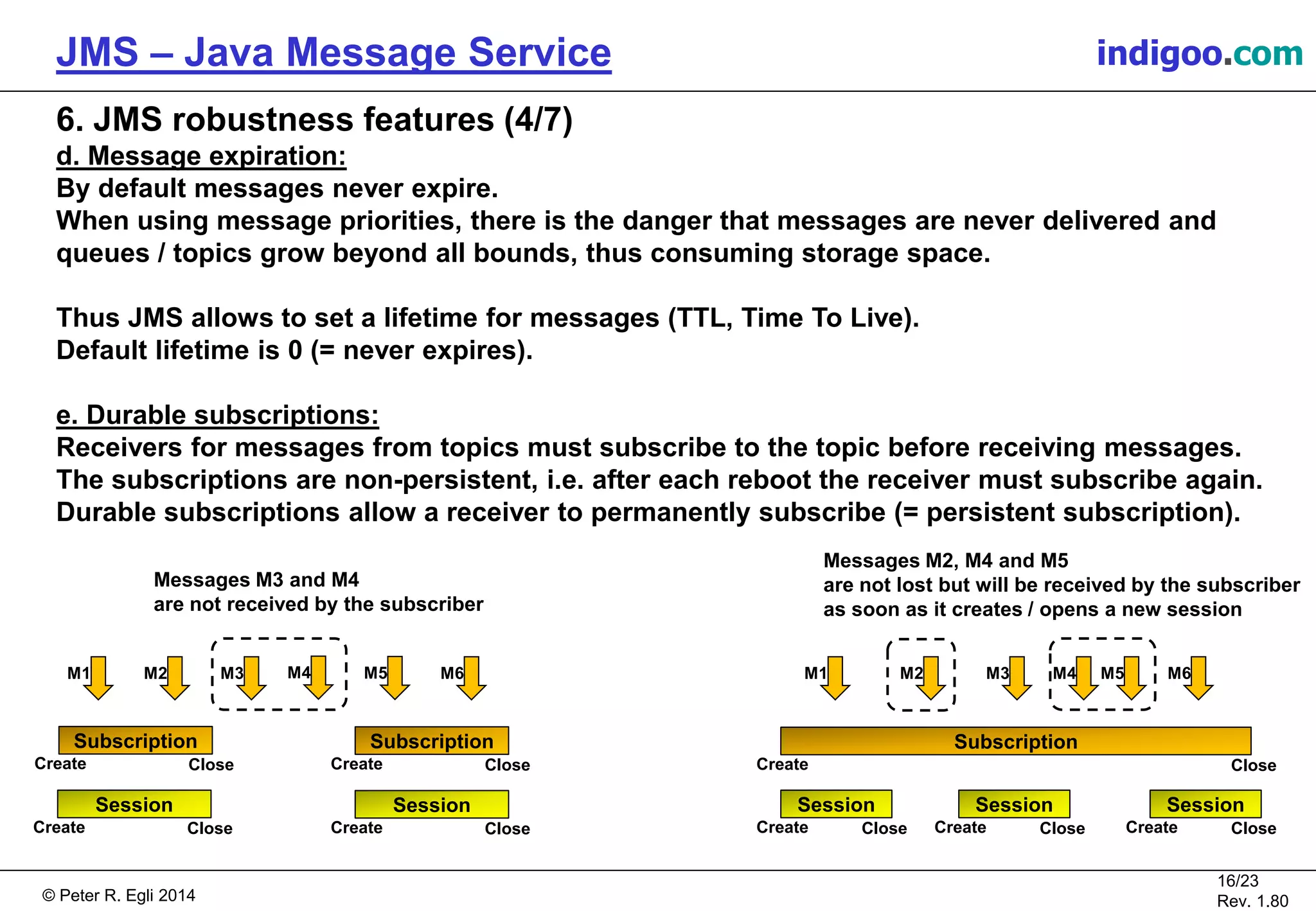 © Peter R. Egli 2015
16/24
Rev. 1.90
JMS – Java Message Service indigoo.com
6. JMS robustness features (4/7)
d. Message expiration:
By default messages never expire.
When using message priorities, there is the danger that messages are never delivered and
queues / topics grow beyond all bounds, thus consuming storage space.
Thus JMS allows to set a lifetime for messages (TTL, Time To Live).
Default lifetime is 0 (= never expires).
e. Durable subscriptions:
Receivers for messages from topics must subscribe to the topic before receiving messages.
The subscriptions are non-persistent, i.e. after each reboot the receiver must subscribe again.
Durable subscriptions allow a receiver to permanently subscribe (= persistent subscription).
Messages M3 and M4
are not received by the subscriber
Messages M2, M4 and M5
are not lost but will be received by the subscriber
as soon as it creates / opens a new session
M1 M2 M3 M4 M5 M6
Subscription
Create Close
Subscription
Create Close
Session
Create Close
Session
Create Close
M1 M2 M3 M4 M5 M6
Subscription
Create Close
Session
Create Close
Session
Create Close
Session
Create Close
 