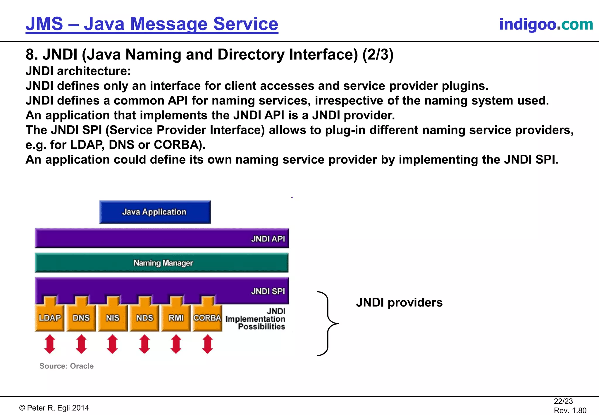 © Peter R. Egli 2015
22/24
Rev. 1.90
JMS – Java Message Service indigoo.com
8. JNDI (Java Naming and Directory Interface) (2/3)
JNDI architecture:
JNDI defines only an interface for client accesses and service provider plugins.
JNDI defines a common API for naming services, irrespective of the naming system used.
An application that implements the JNDI API is a JNDI provider.
The JNDI SPI (Service Provider Interface) allows to plug-in different naming service providers,
e.g. for LDAP, DNS or CORBA).
An application could define its own naming service provider by implementing the JNDI SPI.
Source: Oracle
JNDI providers
 
