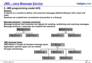 © Peter R. Egli 2015
10/24
Rev. 1.90
JMS – Java Message Service indigoo.com
5. JMS programming model (4/5)
Session:
A session is a context to deliver and consume messages (defined lifecycle with a start and
stop).
Sessions are created from connections (connection is a factory).
Message producer / message consumer:
Message producer and consumer are objects for sending / publishing and receiving messages.
Message producer / consumer are created from sessions.
JMS message types:
JMS defines a couple of standard message types.
Application specific types can be created
through subclassing.
MessageProducer
TopicPublisherQueueSender
MessageConsumer
TopicSubscriberQueueReceiver
Message
MapMessageTextMessage ObjectMessage
BytesMessage StreamMessage
 