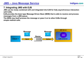 © Peter R. Egli 2015
20/24
Rev. 1.90
JMS – Java Message Service indigoo.com
7. Integrating JMS with EJB
JMS can be nicely combined with and integrated into EJB for fully asynchronous interaction
with EJBs.
EJB provides the bean type Message Driven Bean (MDB) that is able to receive and process
messages from a JMS queue.
The MDB may itself process the message or pass it on to other EJBs through
simple method calls.
JEE Server
EJB Container
MDB
Client 1
Message
Send
Queue
Deliver
Message
 