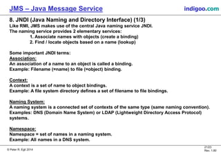 © Peter R. Egli 2015
21/24
Rev. 1.90
JMS – Java Message Service indigoo.com
8. JNDI (Java Naming and Directory Interface) (1/3)
Like RMI, JMS makes use of the central Java naming service JNDI.
The naming service provides 2 elementary services:
1. Associate names with objects (create a binding)
2. Find / locate objects based on a name (lookup)
Some important JNDI terms:
Association:
An association of a name to an object is called a binding.
Example: Filename (=name) to file (=object) binding.
Context:
A context is a set of name to object bindings.
Example: A file system directory defines a set of filename to file bindings.
Naming System:
A naming system is a connected set of contexts of the same type (same naming convention).
Examples: DNS (Domain Name System) or LDAP (Lightweight Directory Access Protocol)
systems.
Namespace:
Namespace = set of names in a naming system.
Example: All names in a DNS system.
 