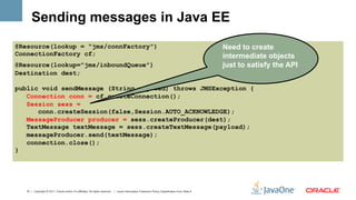 Sending messages in Java EE
@Resource(lookup = "jms/connFactory")                                                                                                             Need to create
ConnectionFactory cf;                                                                                                                             intermediate objects
@Resource(lookup="jms/inboundQueue")                                                                                                              just to satisfy the API
Destination dest;

public void sendMessage (String payload) throws JMSException {
   Connection conn = cf.createConnection();
   Session sess =
      conn.createSession(false,Session.AUTO_ACKNOWLEDGE);
   MessageProducer producer = sess.createProducer(dest);
   TextMessage textMessage = sess.createTextMessage(payload);
   messageProducer.send(textMessage);
   connection.close();
}




  15 | Copyright © 2011, Oracle and/or it’s affiliates. All rights reserved. | Insert Information Protection Policy Classification from Slide 8
 