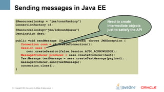 Sending messages in Java EE
      @Resource(lookup = "jms/connFactory")                                    Need to create
      ConnectionFactory cf;                                                    intermediate objects
      @Resource(lookup="jms/inboundQueue")                                     just to satisfy the API
      Destination dest;

      public void sendMessage (String payload) throws JMSException {
         Connection conn = cf.createConnection();
         Session sess =
            conn.createSession(false,Session.AUTO_ACKNOWLEDGE);
         MessageProducer producer = sess.createProducer(dest);
         TextMessage textMessage = sess.createTextMessage(payload);
         messageProducer.send(textMessage);
         connection.close();
      }




14 | Copyright © 2012, Oracle and/or it’s affiliates. All rights reserved. |
 