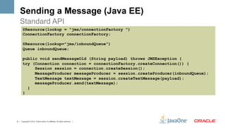 Sending a Message (Java EE)
    Standard API
        @Resource(lookup = "jms/connectionFactory ")
        ConnectionFactory connectionFactory;

        @Resource(lookup="jms/inboundQueue")
        Queue inboundQueue;

        public void sendMessageOld (String payload) throws JMSException {
        try (Connection connection = connectionFactory.createConnection()) {
             Session session = connection.createSession();
             MessageProducer messageProducer = session.createProducer(inboundQueue);
             TextMessage textMessage = session.createTextMessage(payload);
             messageProducer.send(textMessage);
          }
        }




21 | Copyright © 2012, Oracle and/or it’s affiliates. All rights reserved. |
 