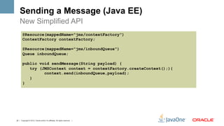 Sending a Message (Java EE)
    New Simplified API
        @Resource(mappedName="jms/contextFactory")
        ContextFactory contextFactory;

        @Resource(mappedName="jms/inboundQueue")
        Queue inboundQueue;

        public void sendMessage(String payload) {
           try (JMSContext context = contextFactory.createContext();){
                 context.send(inboundQueue,payload);
           }
        }




22 | Copyright © 2012, Oracle and/or it’s affiliates. All rights reserved. |
 