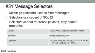 #31 Message Selectors
• Message selectors used to filter messages.
• Selectors use subset of SQL92
• Selectors cannot refe...