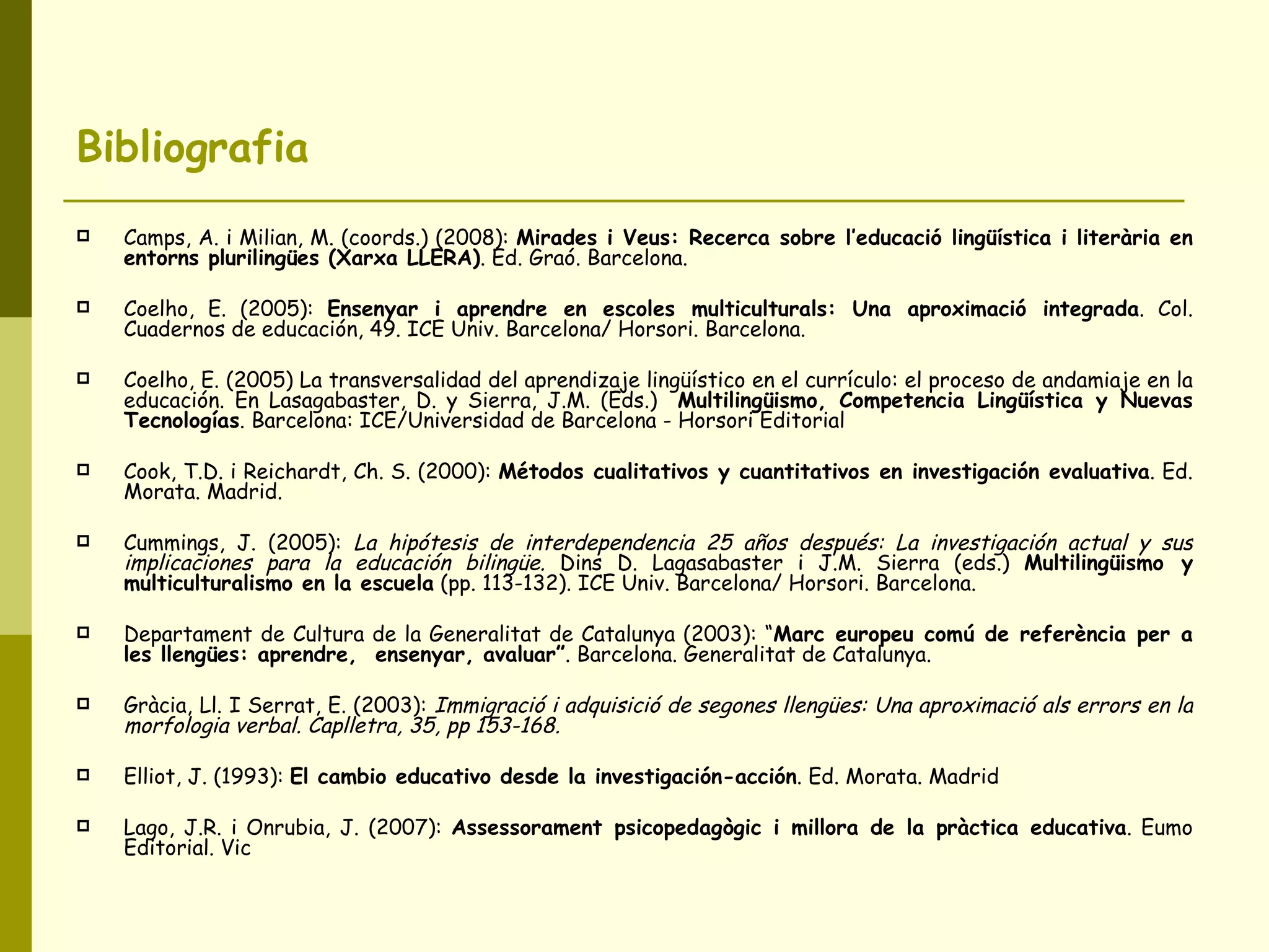 Bibliografia Camps, A. i Milian, M. (coords.) (2008):  Mirades i Veus: Recerca sobre l’educació lingüística i literària en entorns plurilingües (Xarxa LLERA) . Ed. Graó. Barcelona. Coelho, E. (2005):  Ensenyar i aprendre en escoles multiculturals: Una aproximació integrada . Col. Cuadernos de educación, 49. ICE Univ. Barcelona/ Horsori. Barcelona. Coelho, E. (2005) La transversalidad del aprendizaje lingüístico en el currículo: el proceso de andamiaje en la educación. En Lasagabaster, D. y Sierra, J.M. (Eds.)  Multilingüismo, Competencia Lingüística y Nuevas Tecnologías . Barcelona: ICE/Universidad de Barcelona - Horsori Editorial Cook, T.D. i Reichardt, Ch. S. (2000):  Métodos cualitativos y cuantitativos en investigación evaluativa . Ed. Morata. Madrid. Cummings, J. (2005):  La hipótesis de interdependencia 25 años después: La investigación actual y sus implicaciones para la educación bilingüe.  Dins D. Lagasabaster i J.M. Sierra (eds.)  Multilingüismo y multiculturalismo en la escuela  (pp. 113-132). ICE Univ. Barcelona/ Horsori. Barcelona. Departament de Cultura de la Generalitat de Catalunya (2003): “ Marc europeu comú de referència per a les llengües: aprendre,  ensenyar, avaluar” . Barcelona. Generalitat de Catalunya. Gràcia, Ll. I Serrat, E. (2003):  Immigració i adquisició de segones llengües: Una aproximació als errors en la morfologia verbal. Caplletra, 35, pp 153-168. Elliot, J. (1993):  El cambio educativo desde la investigación-acción . Ed. Morata. Madrid Lago, J.R. i Onrubia, J. (2007):  Assessorament psicopedagògic i millora de la pràctica educativa . Eumo Editorial. Vic 