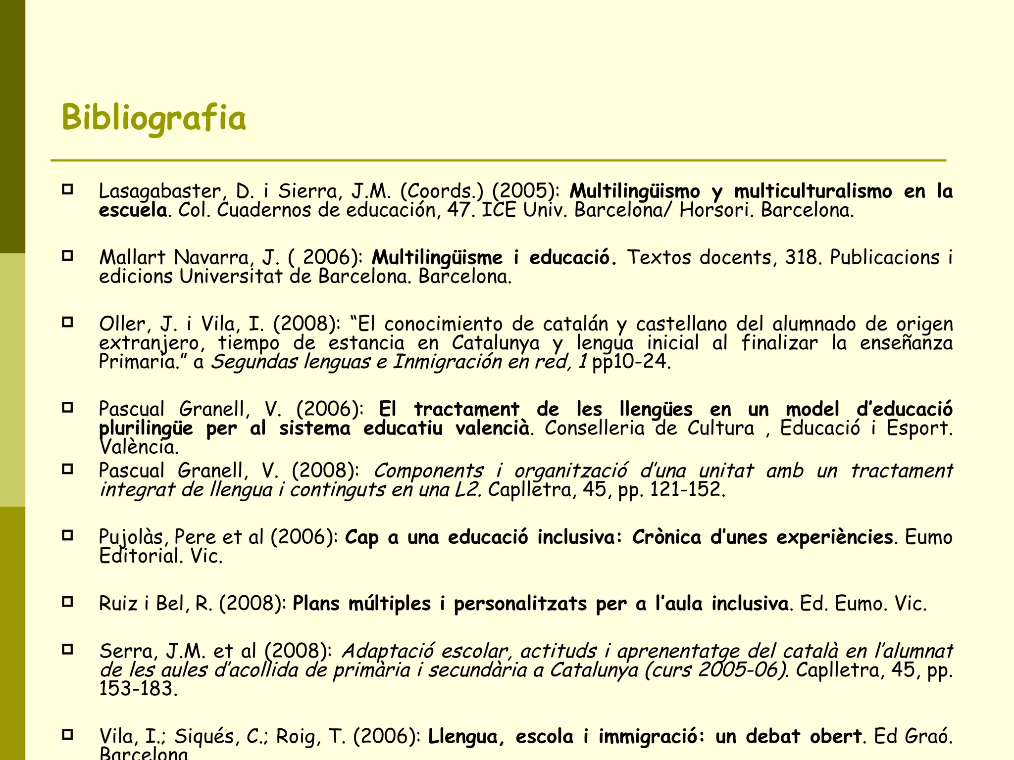 Bibliografia Lasagabaster, D. i Sierra, J.M. (Coords.) (2005):  Multilingüismo y multiculturalismo en la escuela . Col. Cuadernos de educación, 47. ICE Univ. Barcelona/ Horsori. Barcelona. Mallart Navarra, J. ( 2006):  Multilingüisme i educació.  Textos docents, 318. Publicacions i edicions Universitat de Barcelona. Barcelona. Oller, J. i Vila, I. (2008): “El conocimiento de catalán y castellano del alumnado de origen extranjero, tiempo de estancia en Catalunya y lengua inicial al finalizar la enseñanza Primaria.” a  Segundas lenguas e Inmigración en red, 1  pp10-24.  Pascual Granell, V. (2006):  El tractament de les llengües en un model d’educació plurilingüe per al sistema educatiu valencià . Conselleria de Cultura , Educació i Esport. València. Pascual Granell, V. (2008):  Components i organització d’una unitat amb un tractament integrat de llengua i continguts en una L2.  Caplletra, 45, pp. 121-152. Pujolàs, Pere et al (2006):  Cap a una educació inclusiva: Crònica d’unes experiències . Eumo Editorial. Vic. Ruiz i Bel, R. (2008):  Plans múltiples i personalitzats per a l’aula inclusiva . Ed. Eumo. Vic. Serra, J.M. et al (2008):  Adaptació escolar, actituds i aprenentatge del català en l’alumnat de les aules d’acollida de primària i secundària a Catalunya (curs 2005-06).  Caplletra, 45, pp. 153-183. Vila, I.; Siqués, C.; Roig, T. (2006):  Llengua, escola i immigració: un debat obert . Ed Graó. Barcelona. 