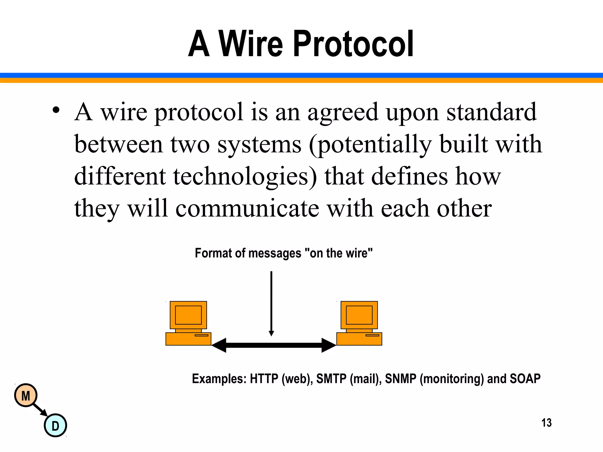 M
D 13
A Wire Protocol
• A wire protocol is an agreed upon standard
between two systems (potentially built with
different technologies) that defines how
they will communicate with each other
Format of messages "on the wire"
Examples: HTTP (web), SMTP (mail), SNMP (monitoring) and SOAP
 
