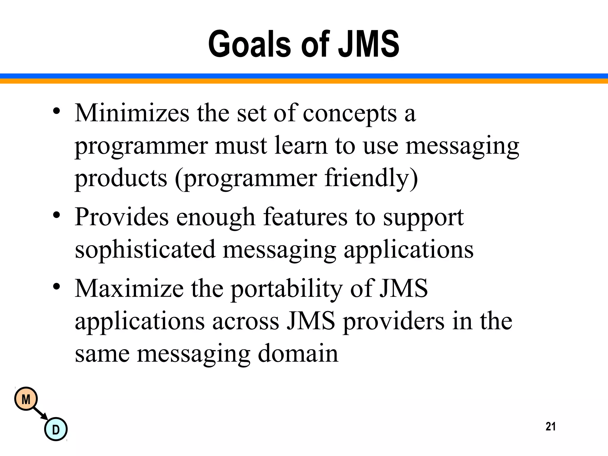 M
D 21
Goals of JMS
• Minimizes the set of concepts a
programmer must learn to use messaging
products (programmer friendly)
• Provides enough features to support
sophisticated messaging applications
• Maximize the portability of JMS
applications across JMS providers in the
same messaging domain
 