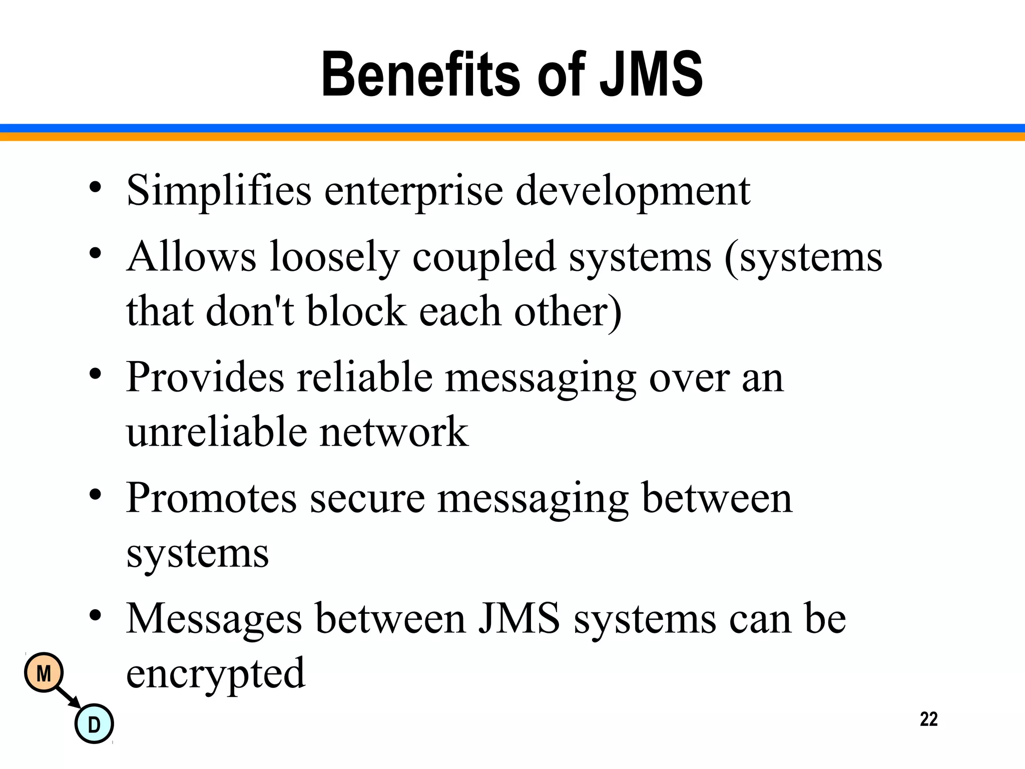M
D 22
Benefits of JMS
• Simplifies enterprise development
• Allows loosely coupled systems (systems
that don't block each other)
• Provides reliable messaging over an
unreliable network
• Promotes secure messaging between
systems
• Messages between JMS systems can be
encrypted
 