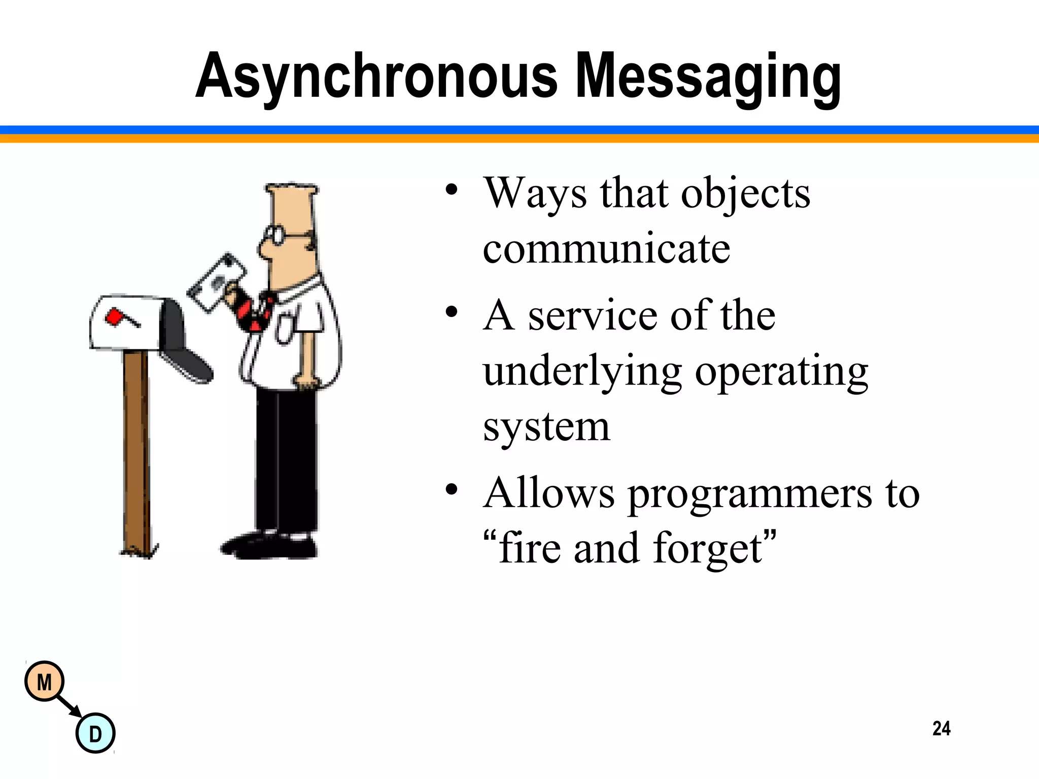 M
D 24
Asynchronous Messaging
• Ways that objects
communicate
• A service of the
underlying operating
system
• Allows programmers to
“fire and forget”
 