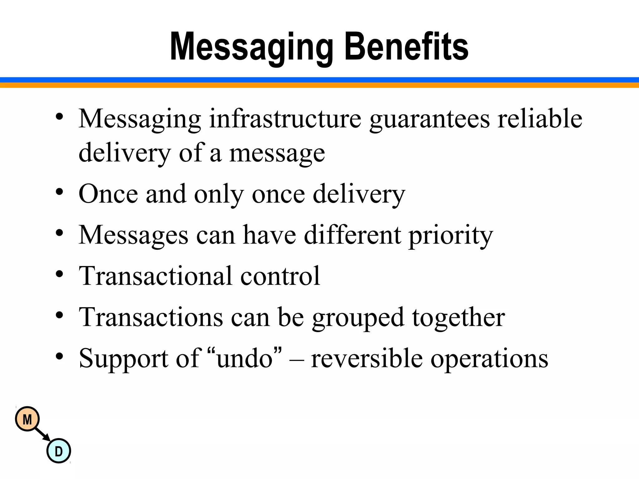M
D
Messaging Benefits
• Messaging infrastructure guarantees reliable
delivery of a message
• Once and only once delivery
• Messages can have different priority
• Transactional control
• Transactions can be grouped together
• Support of “undo” – reversible operations
 