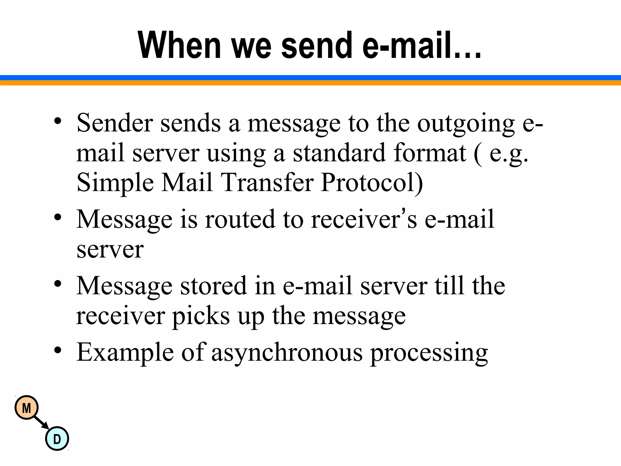 M
D
When we send e-mail…
• Sender sends a message to the outgoing e-
mail server using a standard format ( e.g.
Simple Mail Transfer Protocol)
• Message is routed to receiver’s e-mail
server
• Message stored in e-mail server till the
receiver picks up the message
• Example of asynchronous processing
 