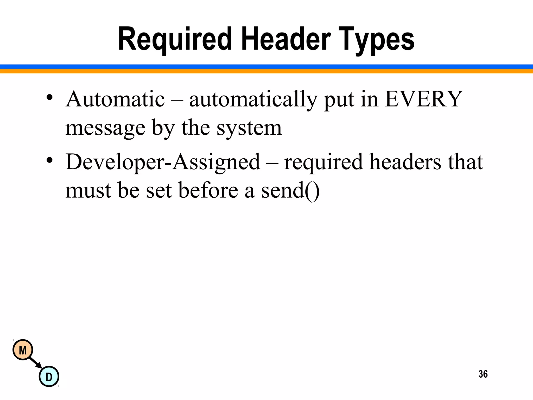 M
D 36
Required Header Types
• Automatic – automatically put in EVERY
message by the system
• Developer-Assigned – required headers that
must be set before a send()
 