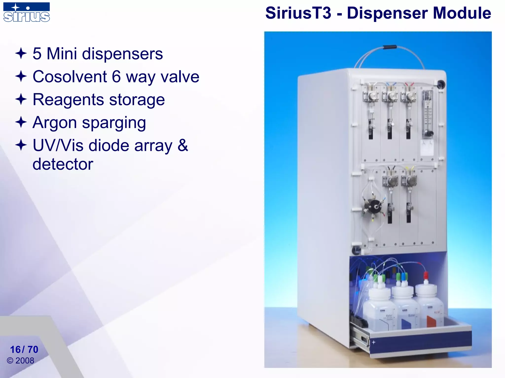 SiriusT3 - Dispenser Module 5 Mini dispensers Cosolvent 6 way valve Reagents storage Argon sparging UV/Vis diode array & detector / 70 