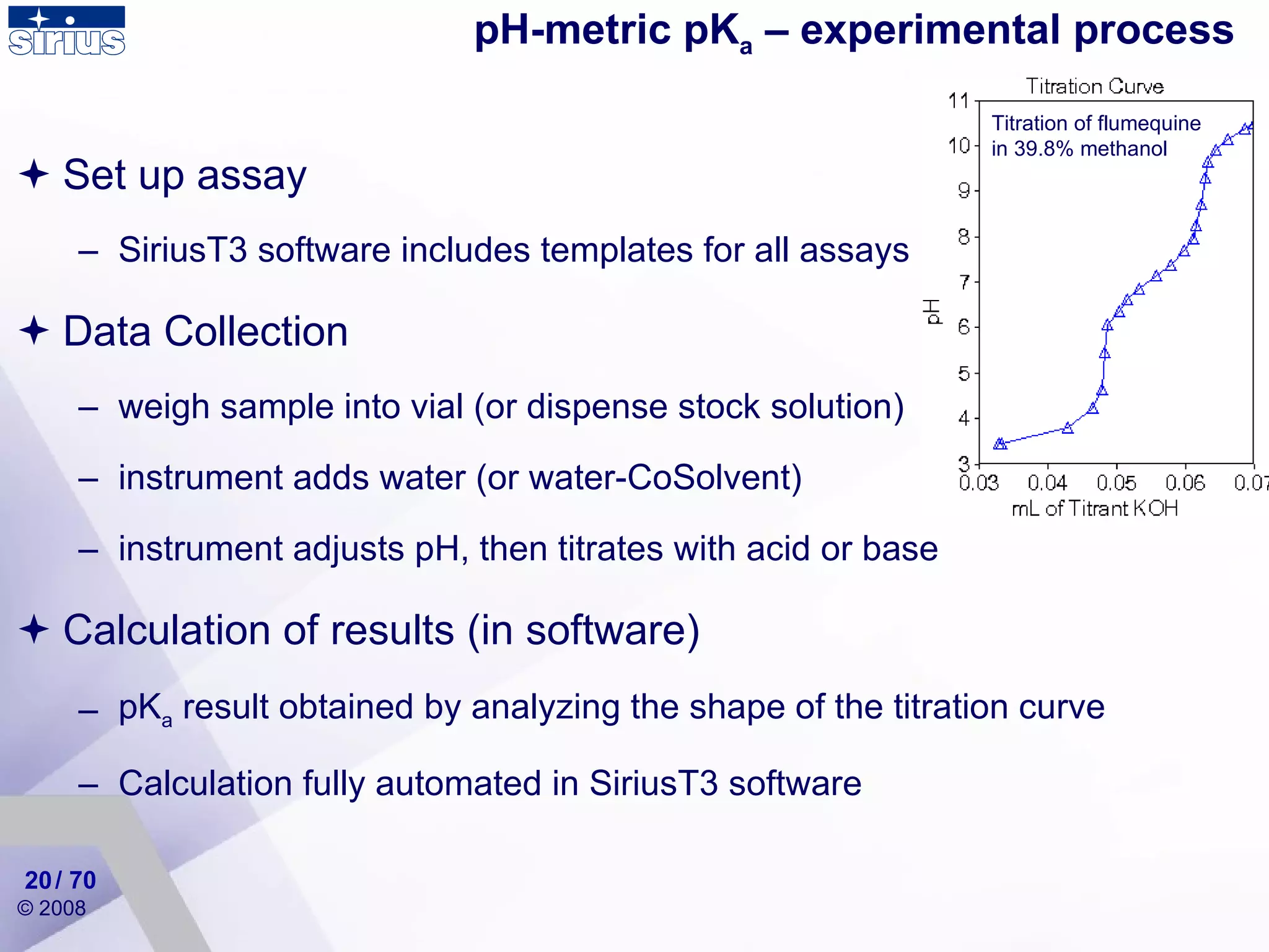pH-metric pK a  – experimental process Set up assay SiriusT3 software includes templates for all assays Data Collection weigh sample into vial (or dispense stock solution) instrument adds water (or water-CoSolvent) instrument adjusts pH, then titrates with acid or base Calculation of results ( in  software) pK a  result obtained by analyzing the shape of the titration curve Calculation fully automated in SiriusT3 software Titration of flumequine in 39.8% methanol / 70 