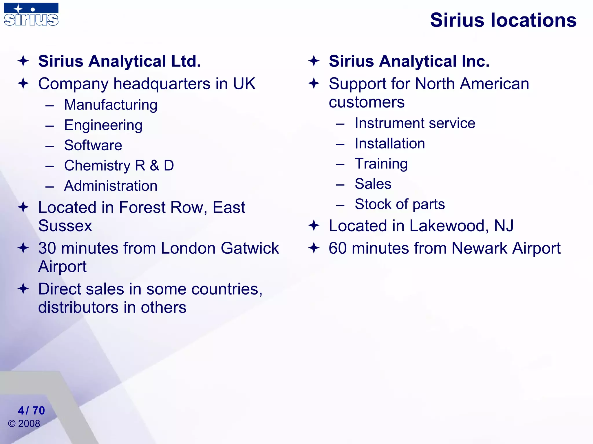 Sirius locations Sirius Analytical Ltd. Company headquarters in UK Manufacturing Engineering Software  Chemistry R & D Administration Located in Forest Row, East Sussex 30 minutes from London Gatwick Airport Direct sales in some countries, distributors in others Sirius Analytical Inc. Support for North American customers Instrument service Installation  Training Sales Stock of parts Located in Lakewood, NJ 60 minutes from Newark Airport / 70 