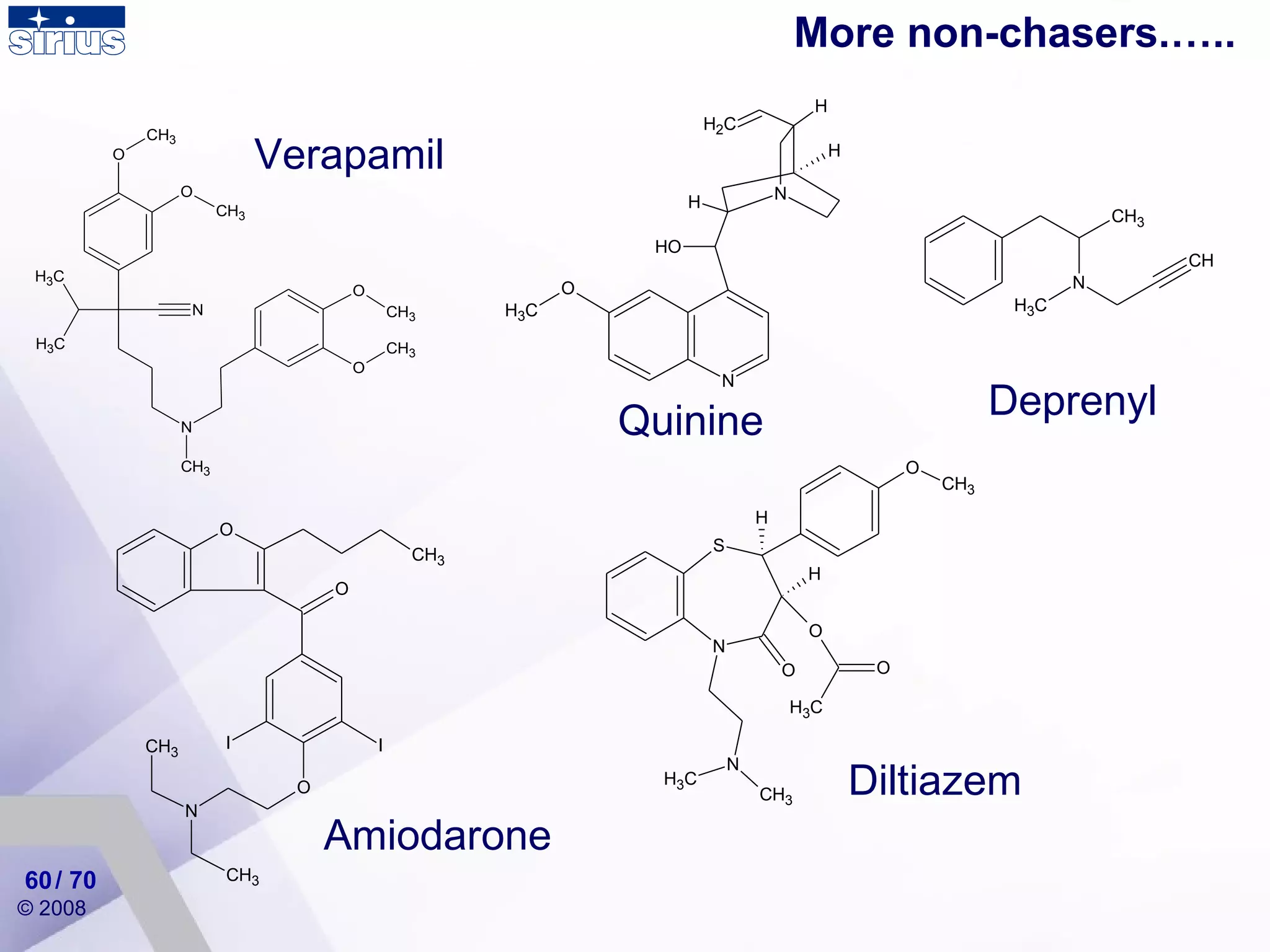 More non-chasers.….. Amiodarone Verapamil Quinine Diltiazem Deprenyl / 70 