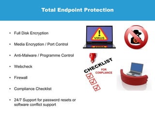 Total Endpoint Protection
• Full Disk Encryption
• Media Encryption / Port Control
• Anti-Malware / Programme Control
• Webcheck
• Firewall
• Compliance Checklist
• 24/7 Support for password resets or
software conflict support
 