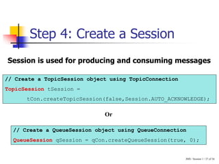 JMS / Session 1 / 27 of 36
Step 4: Create a Session
Session is used for producing and consuming messages
// Create a TopicSession object using TopicConnection
TopicSession tSession =
tCon.createTopicSession(false,Session.AUTO_ACKNOWLEDGE);
// Create a QueueSession object using QueueConnection
QueueSession qSession = qCon.createQueueSession(true, 0);
Or
 