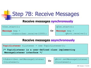 JMS / Session 1 / 32 of 36
Step 7B: Receive Messages
Receive messages synchronously
tCon.start();
Message msg =
tSubscriber.receive(1000);
qCon.start();
Message msg =
qRcvr.receive();
Receive messages asynchronously
TopicListener tListener = new TopicListener();
/* TopicListener is a user-defined class implementing
MessageListener interface */
tSubscriber.setMessageListener
(tListener);
qRcvr.setMessageListener
(tListener);
Or
Or
 