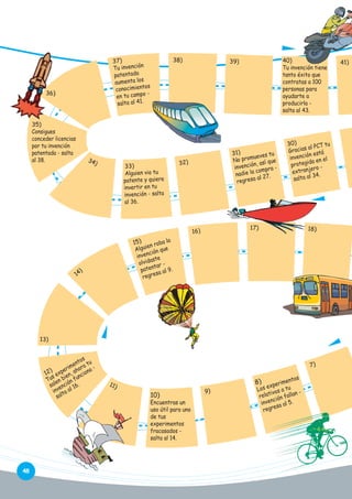 40)
Tu invención tiene
tanto éxito que
contratas a 100
personas para
ayudarte a
producirla salta al 43.

37)
n
Tu invenció
da
patenta
aumenta los
s
conocimiento
campo en tu
salta al 41.

35)
Consigues
conceder licencias
por tu invención
patentada - salta
al 38.

33)
Alguien vio tu
patente y quiere
invertir en tu
invención - salta
al 36.

31)
u
ueves t
No prom así que
n,
invenció mpra co
nadie la 27.
al
regresa

30)
tu
al PCT
Gracias está
n
invenció en el
tegida
pro
ero extranj .
34
salta al

15) n roba la
e
Algui ión que
nc
inve te
as
olvid ar ent l 9.
pat
sa a
regre

s
nto tu
ime hora a er
)
12 exp en, a ncion
s bi fu
Tu len ón
sa enci l 16.
inv lta a
sa

48

tos
imen
xper tu
Los e os a
iv
nrelat ión falla
nc
inve a al 5.
es
regr

8)

10)

Encuentras un
uso útil para uno
de tus
experimentos
fracasados salta al 14.

 