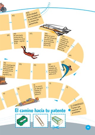 43) dades!
i
¡Felic udado a
ay
Has iedad con
c
la so nción
ve
tu in ada.
nt
pate

26)
Ganas un ju
icio
por una ut
ilización
no autoriz
ada
de tu inve
nción
patentada
salta al 32
.

28)
No solicitaste
protección de
patente en otros
países - regresa
al 24.

19)
Una investigación
en profundidad
demuestra que
tu invención no
es nueva regresa al 13.

25)
Tu p
a
miem ís es
bro
Trat
del
Coop ado de
mat eración
e
en
Pate ria de
ntes
salt
a al 29.

22)
Tu país te
concede una
patente para
tu invención salta al 27.

4)
re
Se te ocur
idea para
una
l
resolver e
lema prob
salta al 7.

El camino hacia tu patente

O
IENZ
COM e
1)
s qu
Tiene r un
ve
resol
ema…
probl

49

 