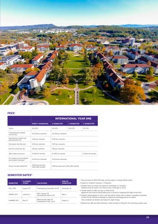 29
FEES1
INTERNATIONAL YEAR ONE
DIRECT ADMISSION 2-SEMESTER 3-SEMESTER 4-SEMESTER2
Tuition $21,478* $21,478 $30,278 $37,178
Comprehensive student
services fee
$2,236 per semester $2,236 per semester
International student and
administration fee
$120 per semester $120 per semester
Orientation fee (fall only) $120 per semester $120 per semester
Internet connection fee $96 per semester $96 per semester
JMU student insurance $1,268 (12 months) $1,268 (12 months) $1,902 (18 months)
On-campus accommodation 
and resident meal plan3 $4,644 per semester $4,644 per semester
Airport transfer (optional)4 $350 (private taxi); 
$160 (JMU shuttle)
$350 (private taxi); $160 (JMU shuttle)
SEMESTER DATES5
SEMESTER
CLASSES
START VACATIONS
END OF
SEMESTER
FALL 2016 August 29 Thanksgiving: November 24-25 December 16
SPRING 2017 January 9
MLK: January 16
Spring Break: March 6-10
May 4
SUMMER 2017 May 15
Memorial Day: May 29 
Independence Day: July 4
August 4
1	 Fees are based on 2015-2016 rates, and are subject to change without notice.
2	English for Academic Purposes + 3-Semester.
3	Students living on-campus are required to participate in a meal plan.
Students living off-campus can choose to buy a meal plan or not to.
4	Transfer directly to JMU, one-way, on initial arrival.
Applicants must reserve transportation prior to arrival by completing the Flight Arrival Form.
5	Students should prepare to arrive a few days before classes start to attend a mandatory orientation.
Contact the ISC Admissions Manager at naadmissions@studygroup.com for details.  
Class schedules are tentative and subject to slight change.
* Estimate only. JMU sets Direct Admission Tuition and fees in Spring for the upcoming academic year.
 