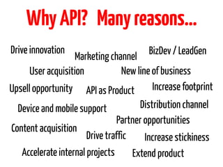Why API? Many reasons…
Drive innovation                        BizDev / LeadGen
                   Marketing channel
      User acquisition          New line of business
Upsell opportunity API as Product        Increase footprint
  Device and mobile support         Distribution channel
                              Partner opportunities
Content acquisition
                    Drive traffic     Increase stickiness
   Accelerate internal projects    Extend product
 