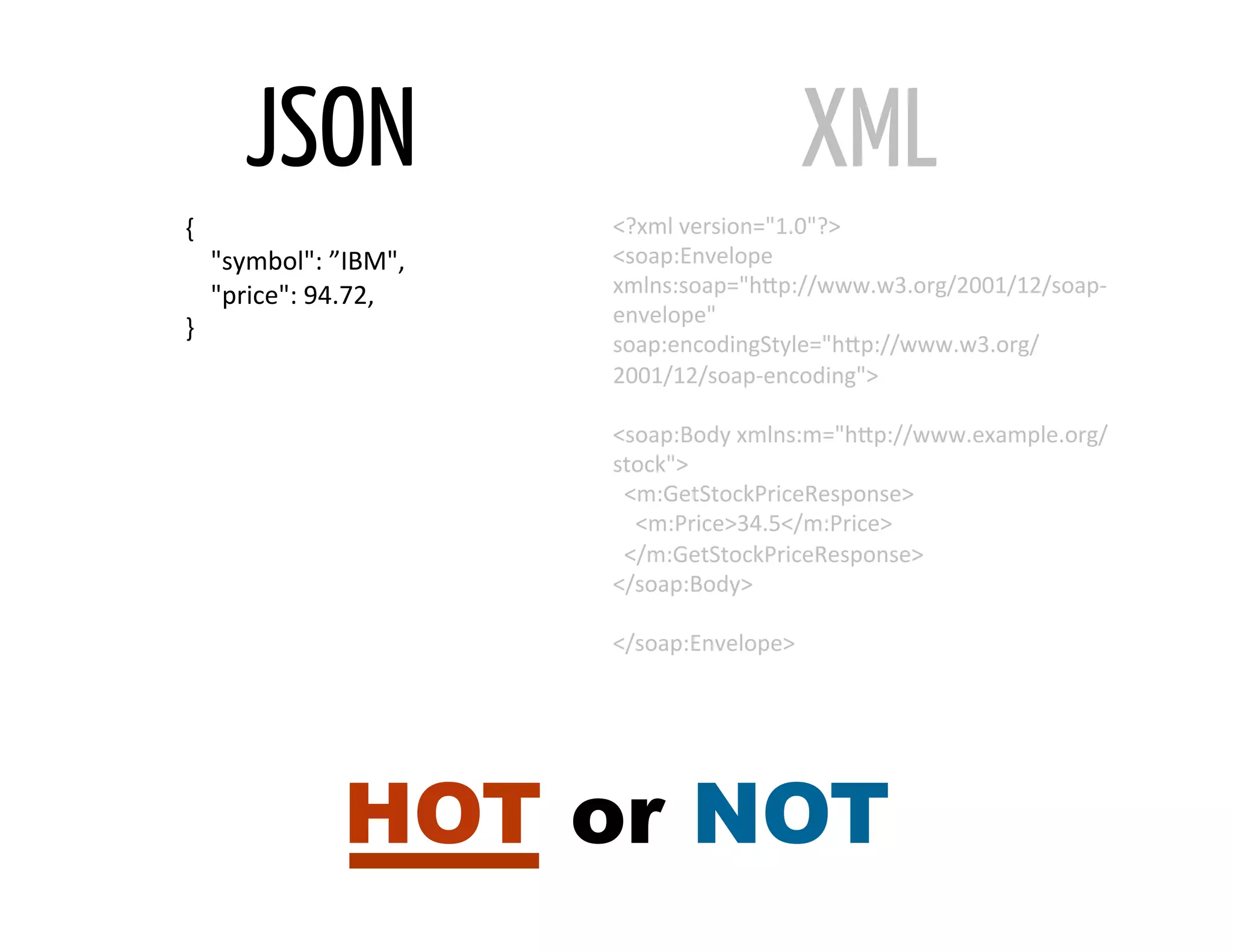 JSON                                             XML
{	
                                       <?xml	
  version="1.0"?>	
  
	
  	
  	
  	
  "symbol":	
  ”IBM",	
     <soap:Envelope	
  
	
  	
  	
  	
  "price":	
  94.72,	
      xmlns:soap="hXp://www.w3.org/2001/12/soap-­‐
                                          envelope"	
  
}	
  
                                          soap:encodingStyle="hXp://www.w3.org/
                                          2001/12/soap-­‐encoding">	
  
                                          	
  
                                          <soap:Body	
  xmlns:m="hXp://www.example.org/
                                          stock">	
  
                                          	
  	
  <m:GetStockPriceResponse>	
  
                                          	
  	
  	
  	
  <m:Price>34.5</m:Price>	
  
                                          	
  	
  </m:GetStockPriceResponse>	
  
                                          </soap:Body>	
  
                                          	
  
                                          </soap:Envelope>	
  




                           HOT or NOT
 