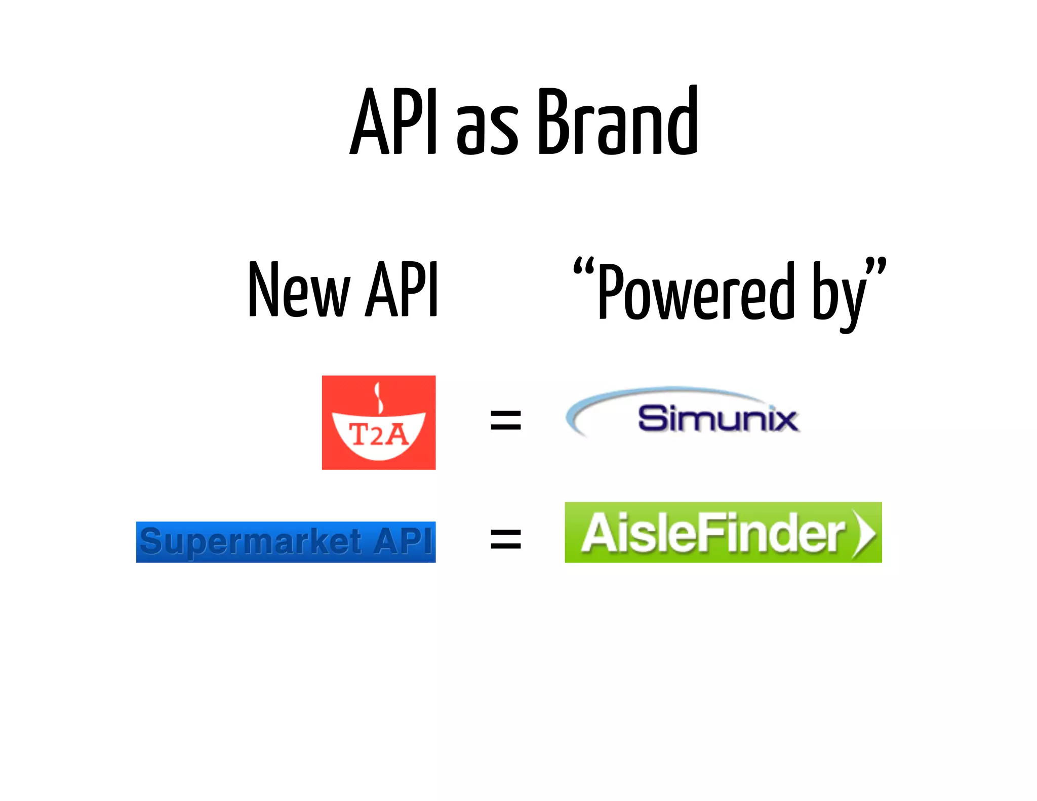 API as Brand
New API       “Powered by”
          =
          =
 