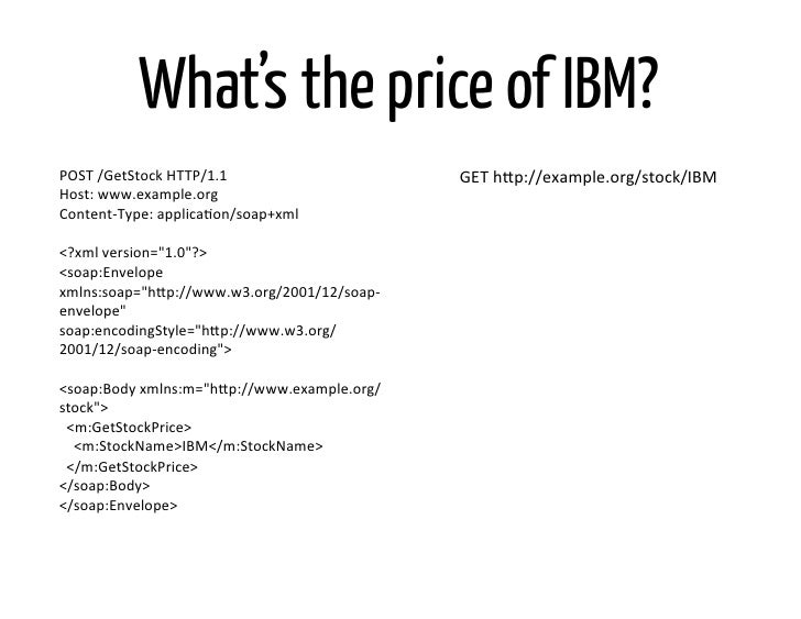 What’s the price of IBM?POST	  /GetStock	  HTTP/1.1	                      GET	  h@p://example.org/stock/IBM	  Host:	  www....