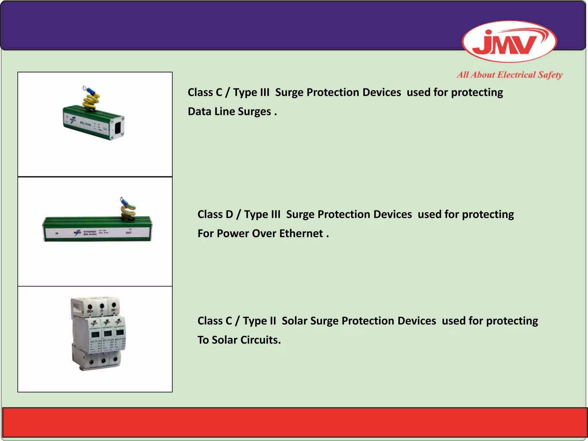 Class C / Type III Surge Protection Devices used for protecting
Data Line Surges .
Class D / Type III Surge Protection Devices used for protecting
For Power Over Ethernet .
Class C / Type II Solar Surge Protection Devices used for protecting
To Solar Circuits.
 