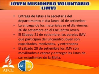• Entrega de listas a la secretaria del
departamento el día lunes 16 de setiembre.
• La entrega de los materiales es el día viernes
20 de setiembre en el Encuentro Joven.
• El Sábado 21 de setiembre, las parejas JMV
que participan del Encuentro Joven son
capacitados, motivados, y entrenados
• El sábado 28 de setiembre los JMV son
movilizados a captar y entregar las listas de
sus estudiantes de la Biblia.
 