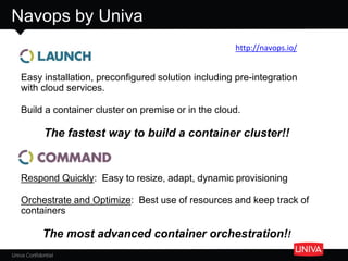 Univa Confidential
Navops by Univa
Easy installation, preconfigured solution including pre-integration
with cloud services.
Build a container cluster on premise or in the cloud.
The fastest way to build a container cluster!!
Respond Quickly: Easy to resize, adapt, dynamic provisioning
Orchestrate and Optimize: Best use of resources and keep track of
containers
The most advanced container orchestration!!
http://navops.io/
 